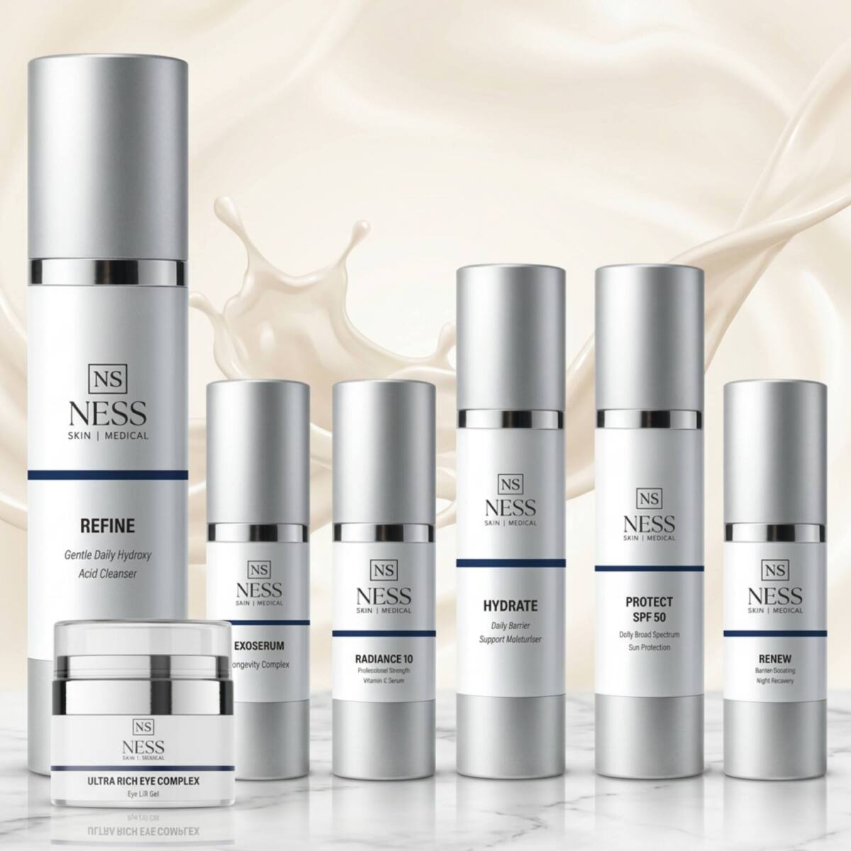 Ness Skin Medical product range - Refine, Exoserum, Radiance 10, Hydrate, Protect SPF 50, Renew, Ultra Rich Eye Complex