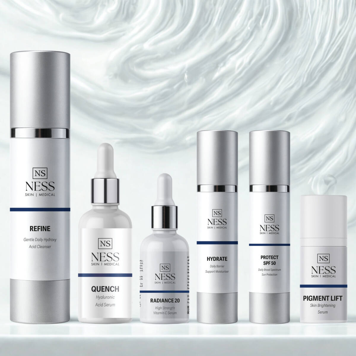 Ness Skin Medical product range - Refine, Quench, Radiance 20, Hydrate, Protect SPF 50, Pigment Lift